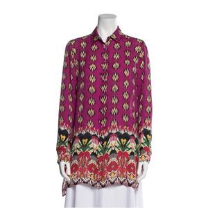 Etro 100% Silk Button-Up Blouse Pink Ikat Print Size US 10 (IT 46)